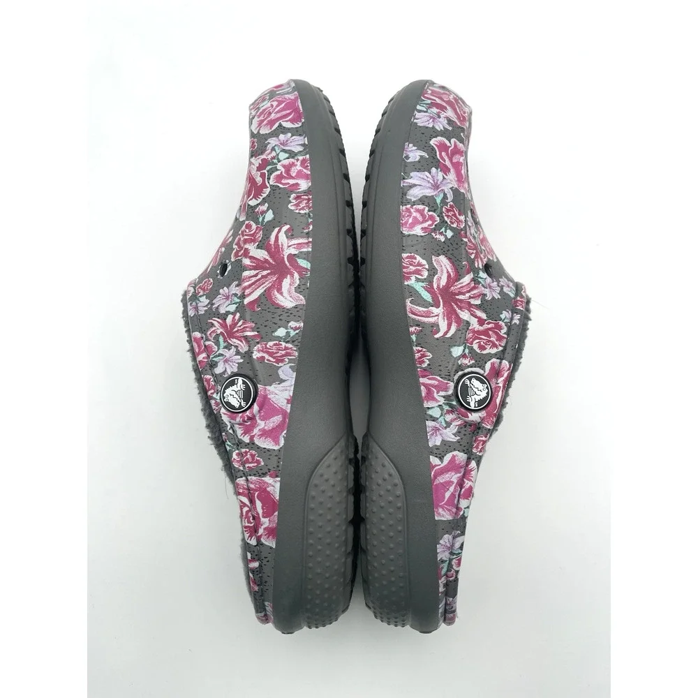Crocs Womens Floral Design Slides Shoes Size 8 Gray Slip On Comfort